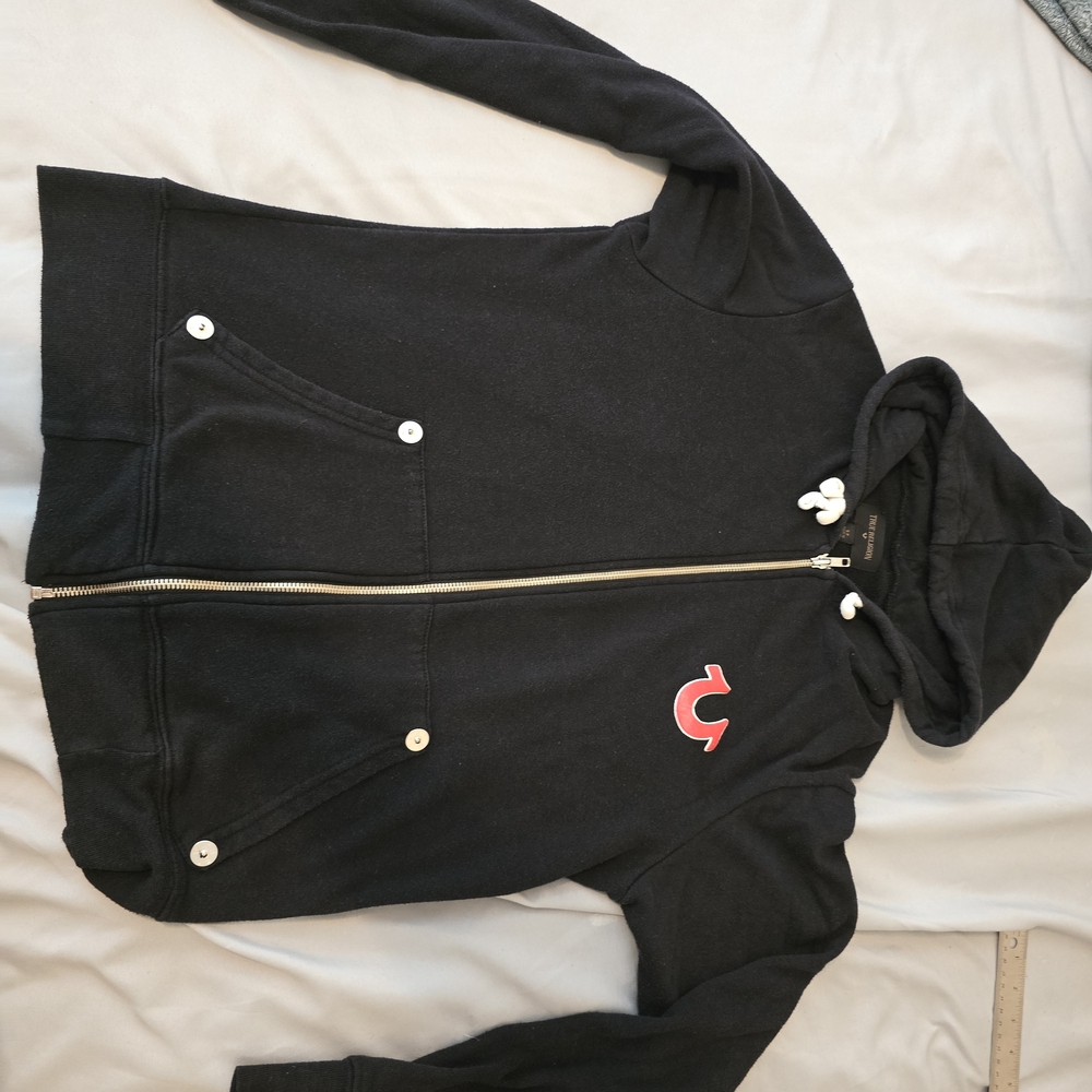 True Religion Black Zip-Up Hoodie with Red Logo